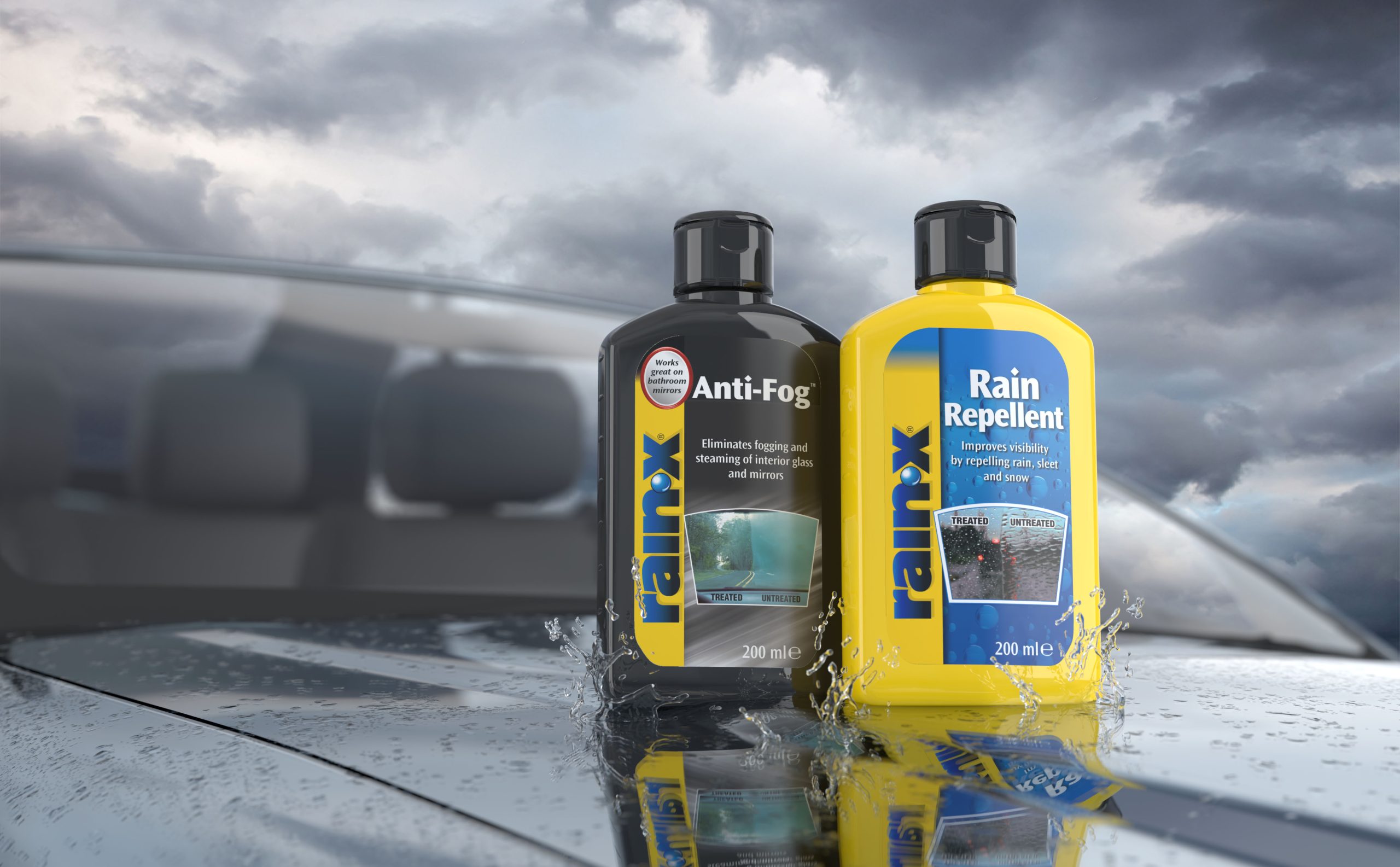Duo Pack - Rain Repellent and Anti-Fog treatments on a car hood