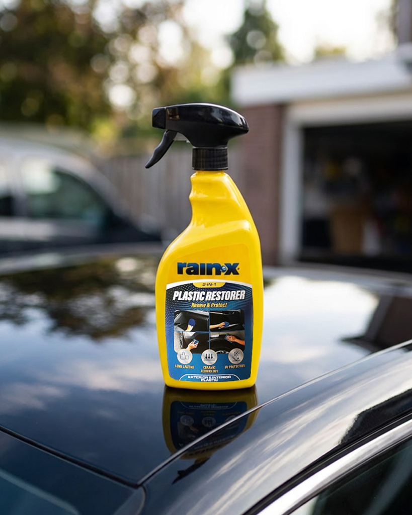 A bottle of Plastic restorer on top of a car